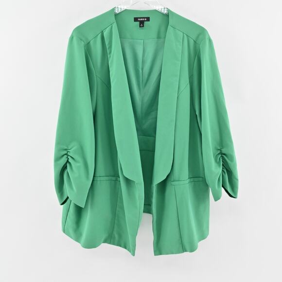 TORRID‎ Blazer Womens Size 5 Green Ruched 3/4 Sleeve Open Front Jacket Career - Picture 1 of 14
